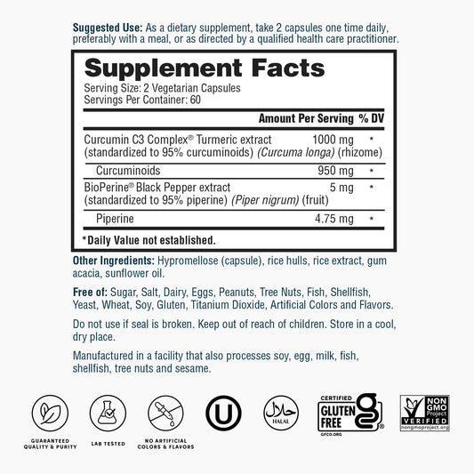 Nature's Lab Gold Turmeric Extract with Curcumin C3 Complex and BioPerine - 120 Capsules
