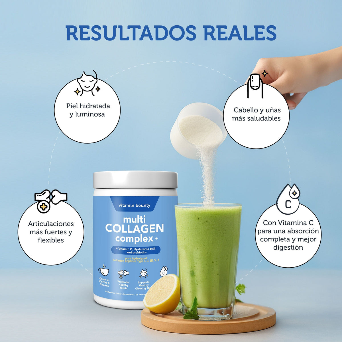 Colágeno Hidrolizado 5 en 1 con Ácido Hialurónico, Vitamina C y Probióticos